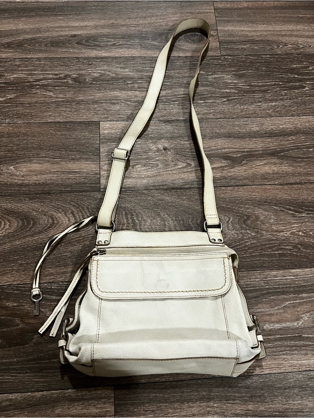 Fossil Key Per Vintage Cream White Pebbled Leather Crossbody Bag Y2K